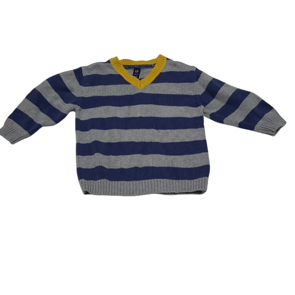 💲1️⃣ Baby GAP Blue/Grey Striped V-Neck Pull-On Cotton Knit Sweater Infant 2 Yrs - Picture 2 of 5